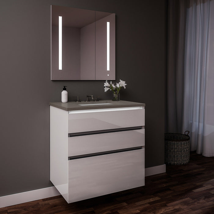 Curated Cartesian 36" x 7-1/2" x 21" and 36" x 15" x 21" three drawer vanity in white glass with tip out drawer, slow-close plumbing drawer, night light and Engineered Stone 37" vanity top in stone gray (Silestone expo grey)