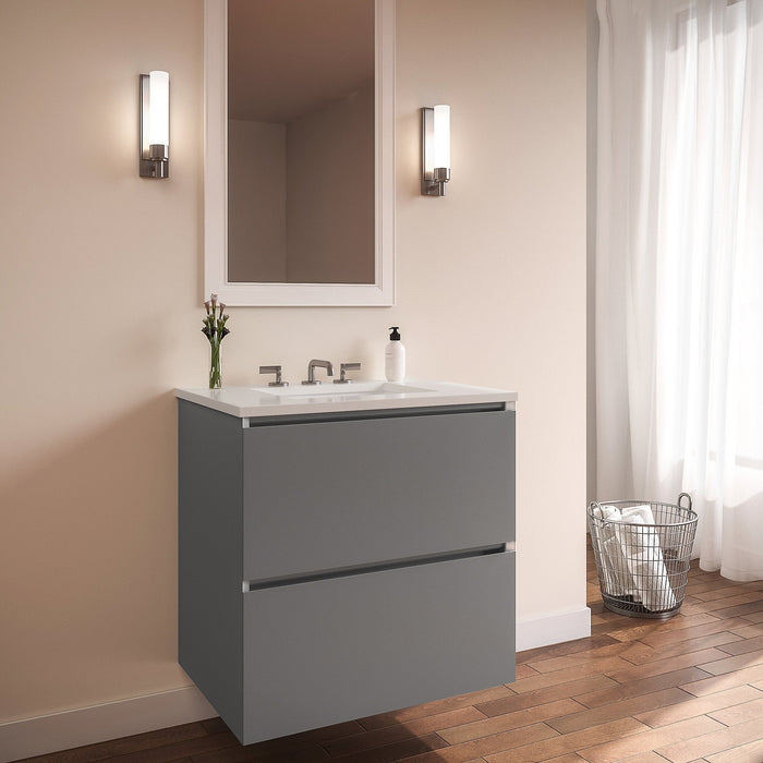 Curated Cartesian 36" x 15" x 21" two drawer vanity in matte gray glass with slow-close plumbing drawer, full drawer and Engineered Stone 37" vanity top in quartz white (Silestone white storm)