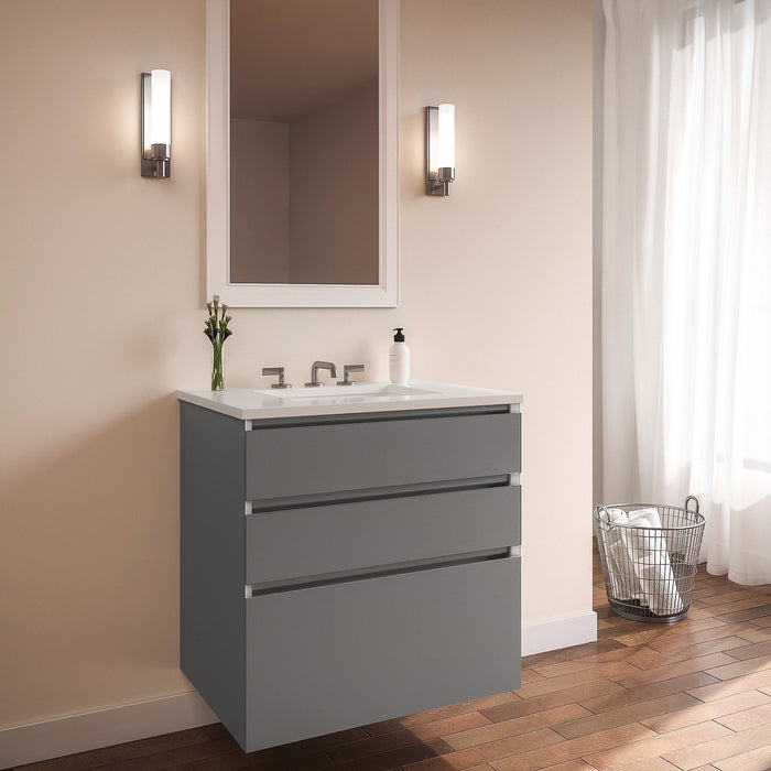 Curated Cartesian 36" x 7-1/2" x 21" and 36" x 15" x 21" three drawer vanity in matte gray glass with tip out drawer, slow-close plumbing drawer, full drawer and Engineered Stone 37" vanity top in quartz white (Silestone white storm)