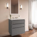 Curated Cartesian 36" x 7-1/2" x 21" and 36" x 15" x 21" three drawer vanity in matte gray glass with tip out drawer, slow-close plumbing drawer, full drawer and Engineered Stone 37" vanity top in quartz white (Silestone white storm)