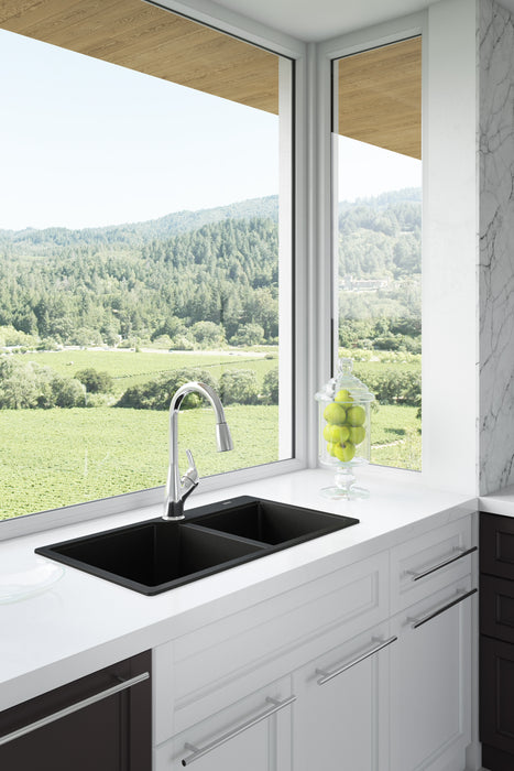 Kindred Granite Series Drop-In Double Bowl 33.88 x 19.69 in Granite Kitchen Sink - Onyx