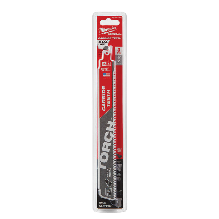 Milwaukee 48-00-5302 9" | 7-TPI The TORCH with CARBIDE TEETH SAWZALL Blades (Pack of 3)