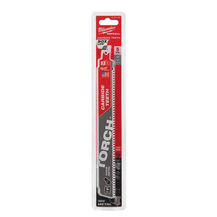 Milwaukee 48-00-5502 9" | 7-TPI The TORCH with CARBIDE TEETH SAWZALL Blades (Pack of 5)