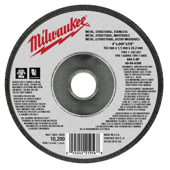 Milwaukee 49-94-6300 6" x .045" x 7/8" Cut-Off Wheel (Type 1)