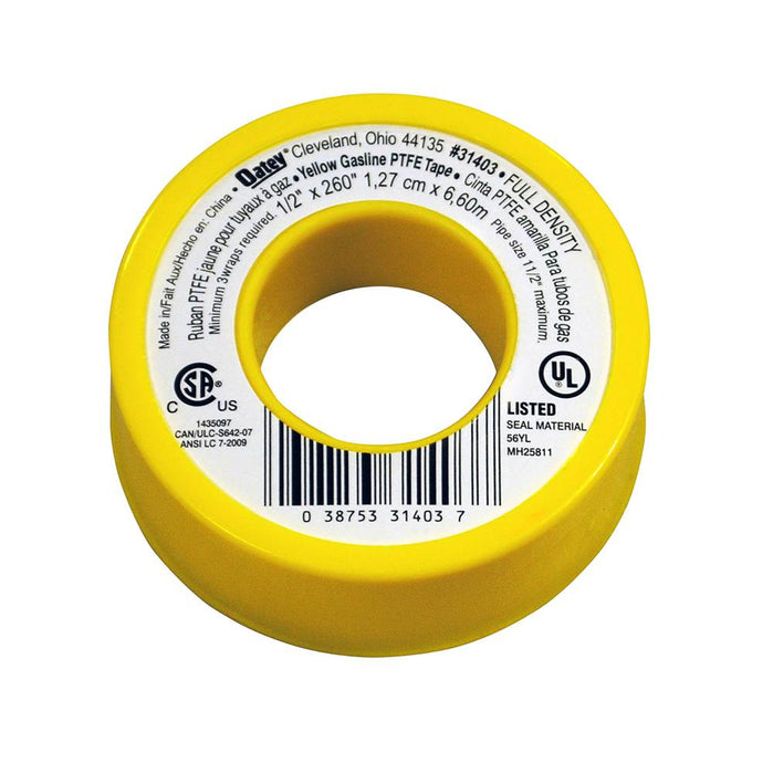 Oatey 31403 Seal Tape, 4 mil Thick, 1/2 in W, 260 in L, Yellow, PTFE, 1.25 to 1.5 g/cc Density