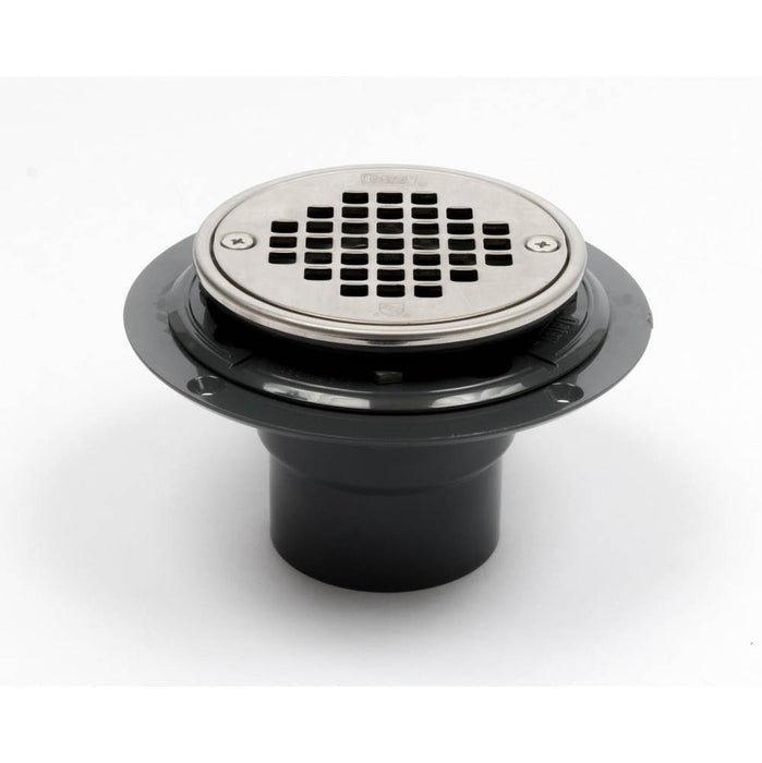 Oatey 42271 2" PVC Round Low Profile Drain and Polished Stainless Steel Screw-In Strainer with Ring and Test Plug