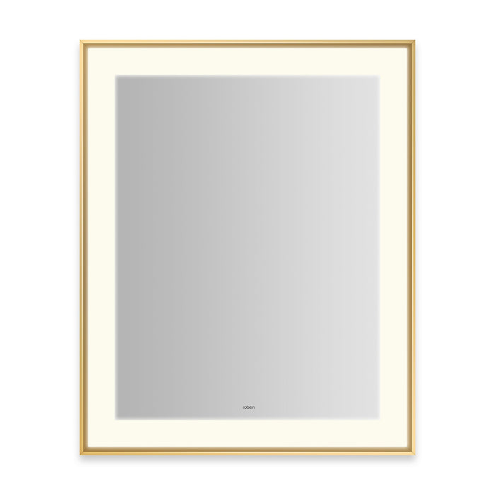 Sculpt 25-1/4” x 31-1/4” x 2-1/4" lighted mirror with slim museum frame in matte gold, perimeter light pattern in 2700K color temperature (warm white), dimmable and defogger, tested and certified to California Title 24 standards and meets JA8 2016 requirements