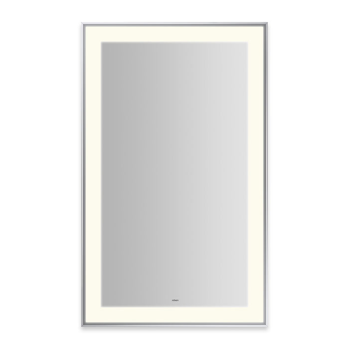 Sculpt 25-1/4” x 41-1/4” x 2-1/4" lighted mirror with slim museum frame in chrome, perimeter light pattern in 2700K color temperature (warm white), dimmable and defogger, tested and certified to California Title 24 standards and meets JA8 2016 requirements