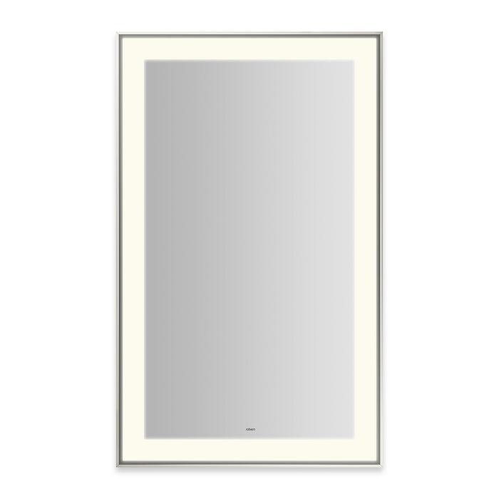Sculpt 25-1/4” x 41-1/4” x 2-1/4" lighted mirror with slim museum frame in polished nickel, perimeter light pattern in 2700K color temperature (warm white), dimmable and defogger, tested and certified to California Title 24 standards and meets JA8 2016 requirements