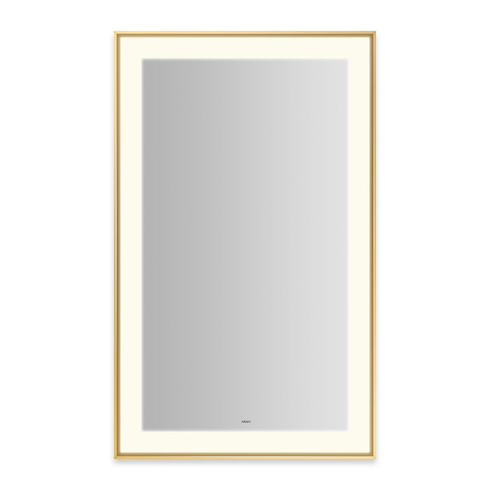 Sculpt 25-1/4” x 41-1/4” x 2-1/4" lighted mirror with slim museum frame in matte gold, perimeter light pattern in 2700K color temperature (warm white), dimmable and defogger, tested and certified to California Title 24 standards and meets JA8 2016 requirements