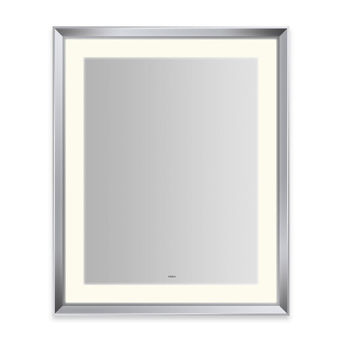 Sculpt 27” x 33” x 2-5/16” lighted mirror with chamfer museum frame in chrome, perimeter light pattern in 2700K color temperature (warm white), dimmable and defogger, tested and certified to California Title 24 standards and meets JA8 2016 requirements