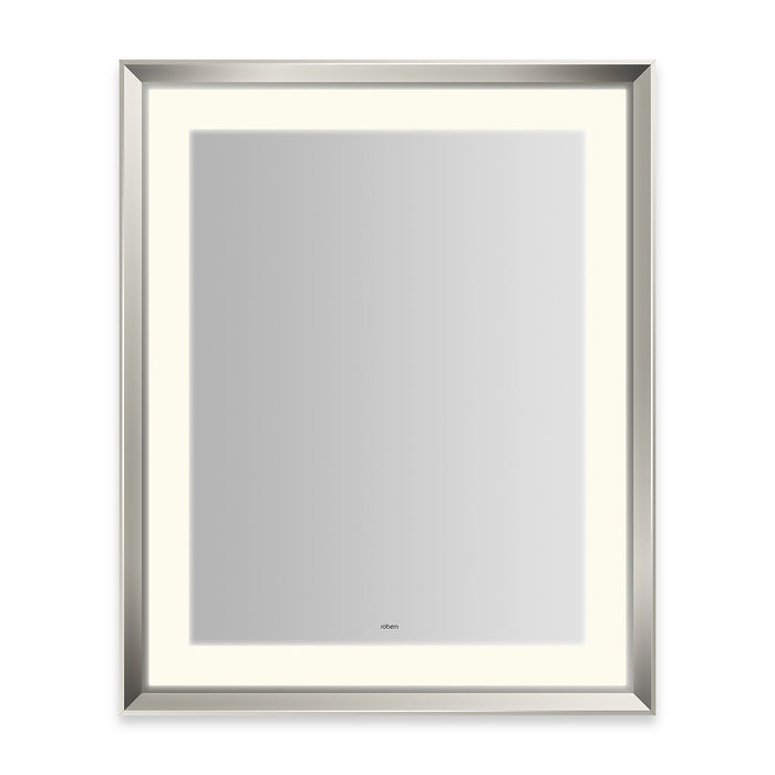 Sculpt 27” x 33” x 2-5/16” lighted mirror with chamfer museum frame in polished nickel, perimeter light pattern in 2700K color temperature (warm white), dimmable and defogger, tested and certified to California Title 24 standards and meets JA8 2016 requirements