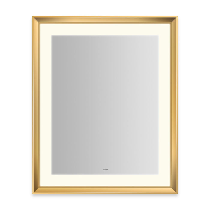 Sculpt 27” x 33” x 2-5/16” lighted mirror with chamfer museum frame in matte gold, perimeter light pattern in 2700K color temperature (warm white), dimmable and defogger, tested and certified to California Title 24 standards and meets JA8 2016 requirements