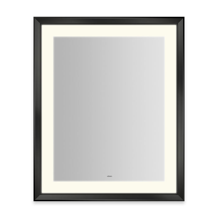 Sculpt 27” x 33” x 2-5/16” lighted mirror with chamfer museum frame in matte black, perimeter light pattern in 2700K color temperature (warm white), dimmable and defogger, tested and certified to California Title 24 standards and meets JA8 2016 requirements