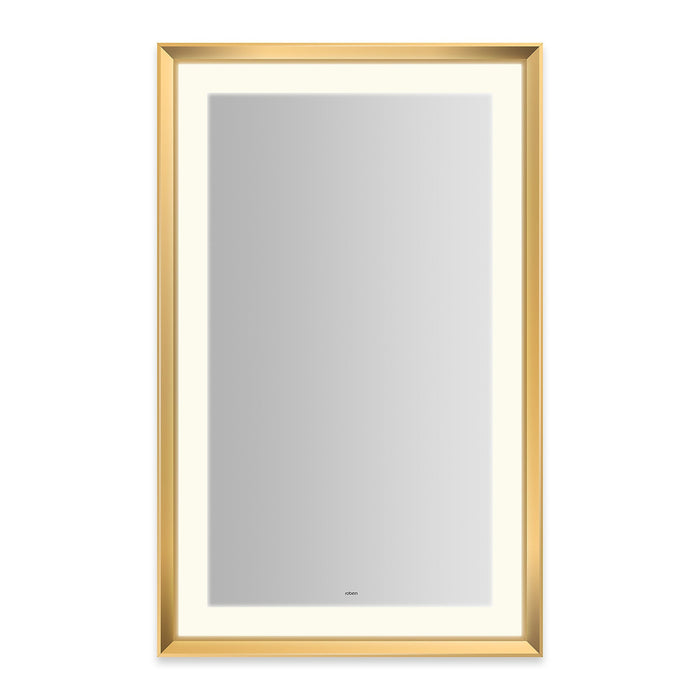 Sculpt 27” x 43” x 2-5/16” lighted mirror with chamfer museum frame in matte gold, perimeter light pattern in 2700K color temperature (warm white), dimmable and defogger, tested and certified to California Title 24 standards and meets JA8 2016 requirements