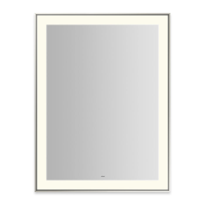 Sculpt 31-1/4” x 41-1/4” x 2-1/4" lighted mirror with slim museum frame in polished nickel, perimeter light pattern in 2700K color temperature (warm white), dimmable and defogger, tested and certified to California Title 24 standards and meets JA8 2016 requirements