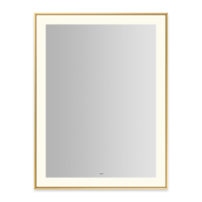 Sculpt 31-1/4” x 41-1/4” x 2-1/4" lighted mirror with slim museum frame in matte gold, perimeter light pattern in 2700K color temperature (warm white), dimmable and defogger, tested and certified to California Title 24 standards and meets JA8 2016 requirements