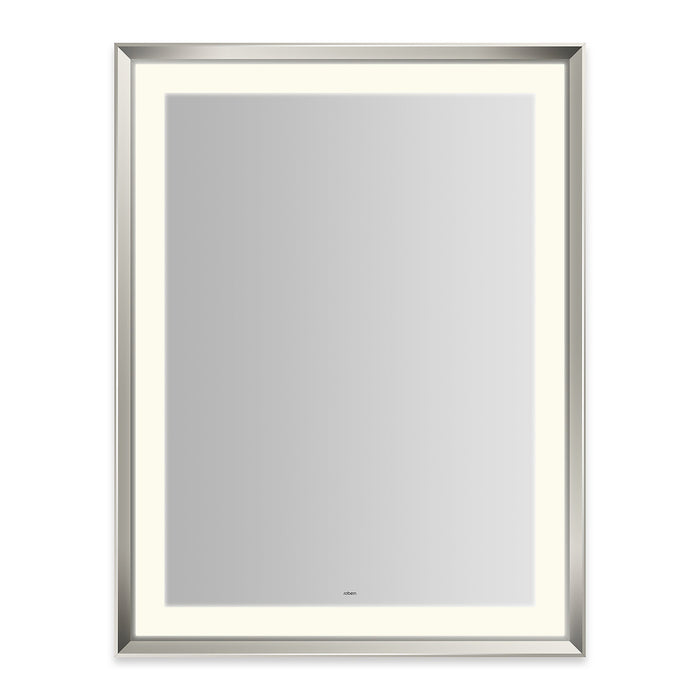 Sculpt 33” x 43” x 2-5/16” lighted mirror with chamfer museum frame in polished nickel, perimeter light pattern in 2700K color temperature (warm white), dimmable and defogger, tested and certified to California Title 24 standards and meets JA8 2016 requirements