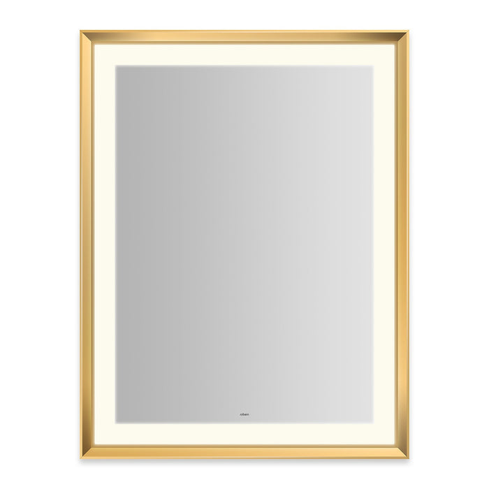 Sculpt 33” x 43” x 2-5/16” lighted mirror with chamfer museum frame in matte gold, perimeter light pattern in 2700K color temperature (warm white), dimmable and defogger, tested and certified to California Title 24 standards and meets JA8 2016 requirements