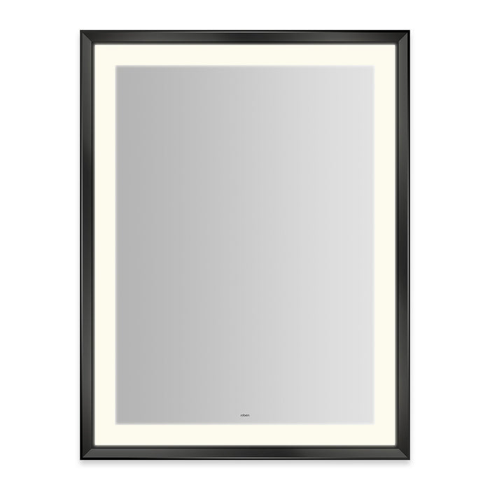 Sculpt 33” x 43” x 2-5/16” lighted mirror with chamfer museum frame in matte black, perimeter light pattern in 2700K color temperature (warm white), dimmable and defogger, tested and certified to California Title 24 standards and meets JA8 2016 requirements