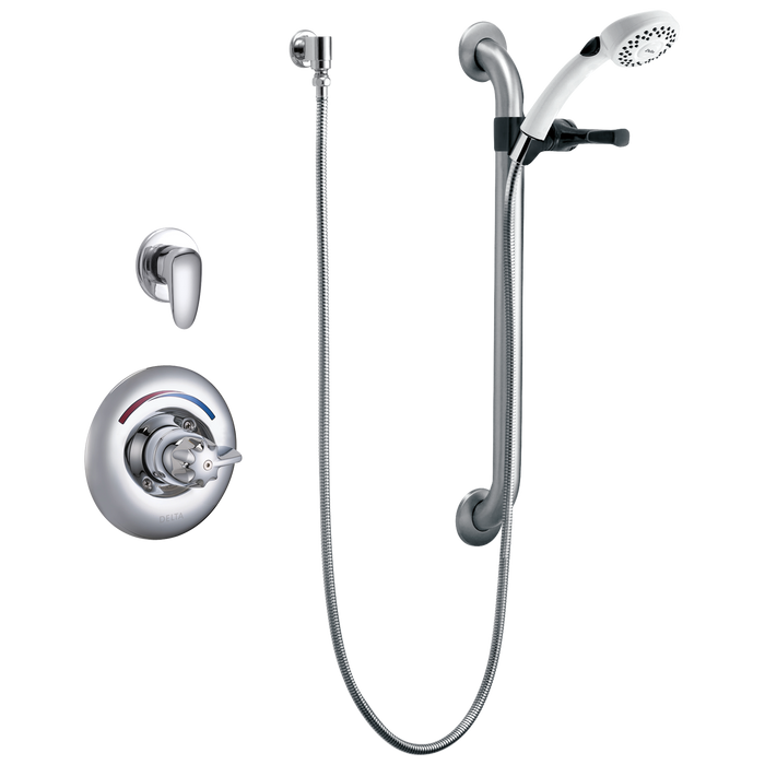 Delta Commercial T13H: Universal Dual Shower Trim, Diverter, Hand Shower, and Grab Bar