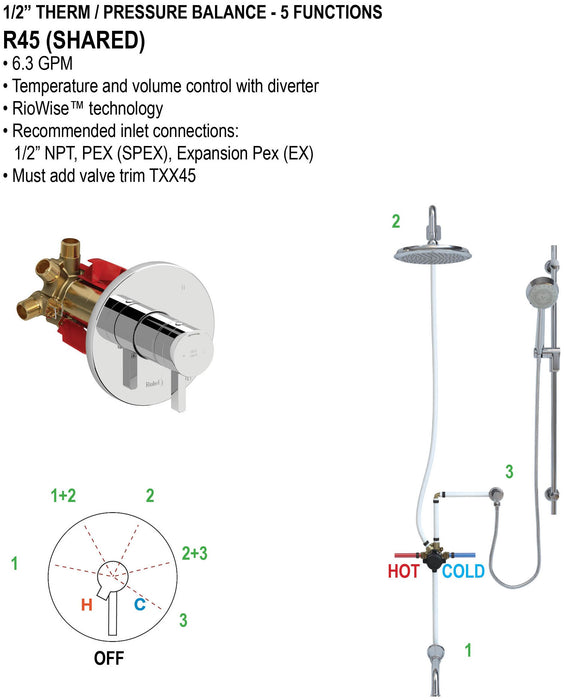 Riobel TMMRD45 Momenti 1/2" Therm & Pressure Balance Trim with 5 Functions