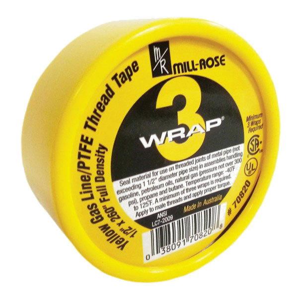 The Mill-Rose Company 70820 Tape, 0.004 in Thick, 1/2 in W, 260 in L, Yellow, PTFE, 1.5 g/cc Density