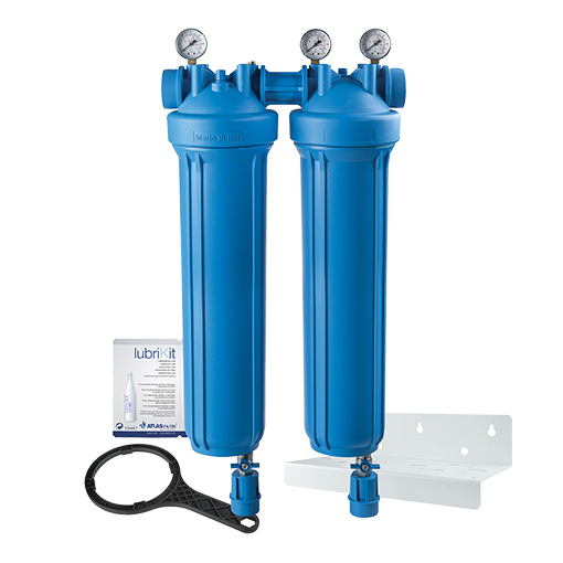 Atlas Filtri ZA1802746 Kit - DP BIG Duo - Double 4.5"x20" - Blue Sumps - 1" NPT - 3 Gauges & 2 Drain Kits - Double-fold White Bracket & Wrench