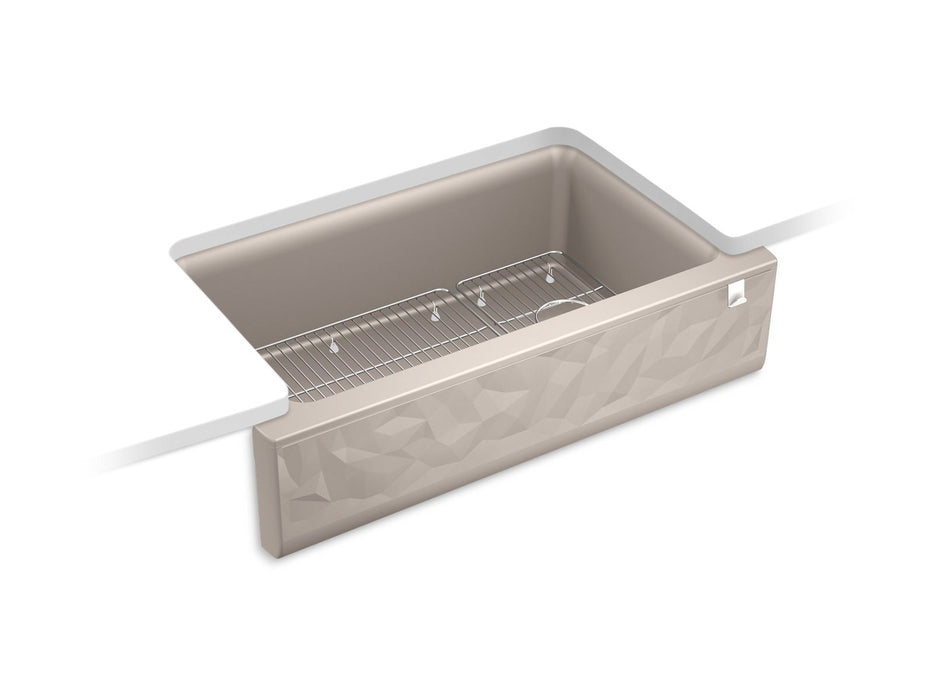 KOHLER K-29825 Cairn 34" undermount single-bowl farmhouse kitchen sink with faceted design