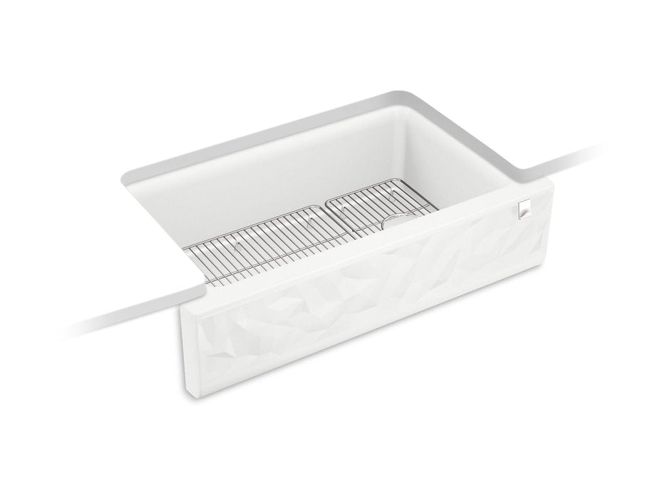KOHLER K-29825 Cairn 34" undermount single-bowl farmhouse kitchen sink with faceted design