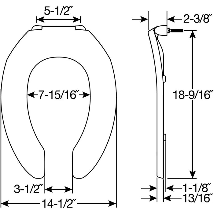 Bemis 10CT Olsonite Elongated Open Front Less Cover Commercial Plastic Toilet Seat in White Featuring Stay·Tite® Commercial Fastening System™ with Check Hinges - Dimensions