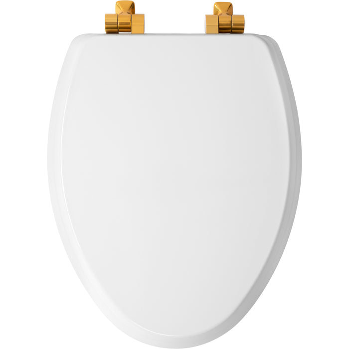 Bemis 1826BGSL Mayfair by Bemis Benton® Elongated Enameled Wood Toilet Seat in White with Brushed Gold Hinges Featuring Stay·Tite® Seat Fastening System™ and Whisper·Close® - White