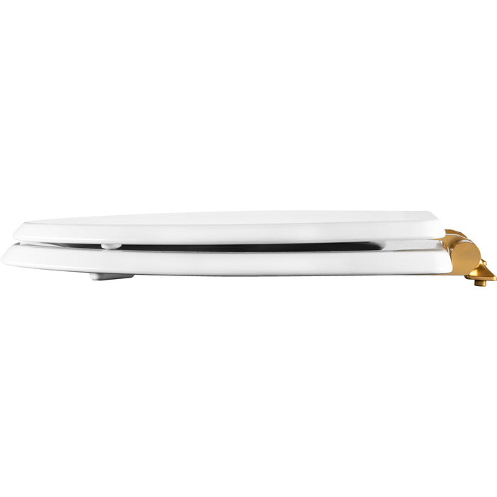 Bemis 1826BGSL Mayfair by Bemis Benton® Elongated Enameled Wood Toilet Seat in White with Brushed Gold Hinges Featuring Stay·Tite® Seat Fastening System™ and Whisper·Close® - White