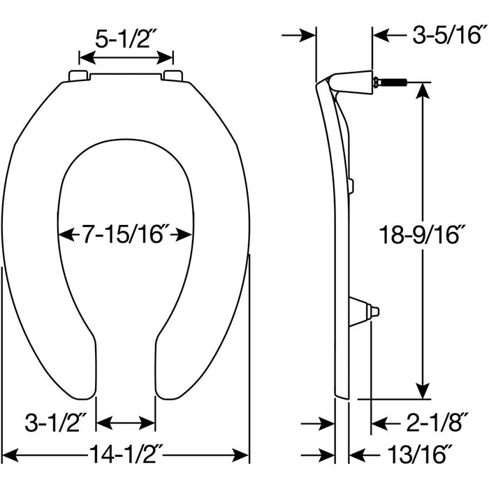 Bemis 2L2155T Elongated Open Front Less Cover Medic-Aid® 2" Lift Plastic Toilet Seat in White with Stay·Tite® Commercial Seat Fastening System™, DuraGuard® and Super·Grip® Bumpers - Dimensions