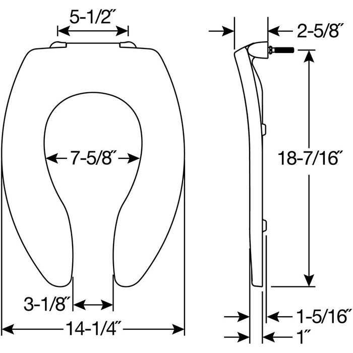 Bemis 3155CT Elongated Plastic Toilet Seat Featuring Stay·Tite® Commercial Fastening System™, DuraGuard® and Check Hinges - Dimensions