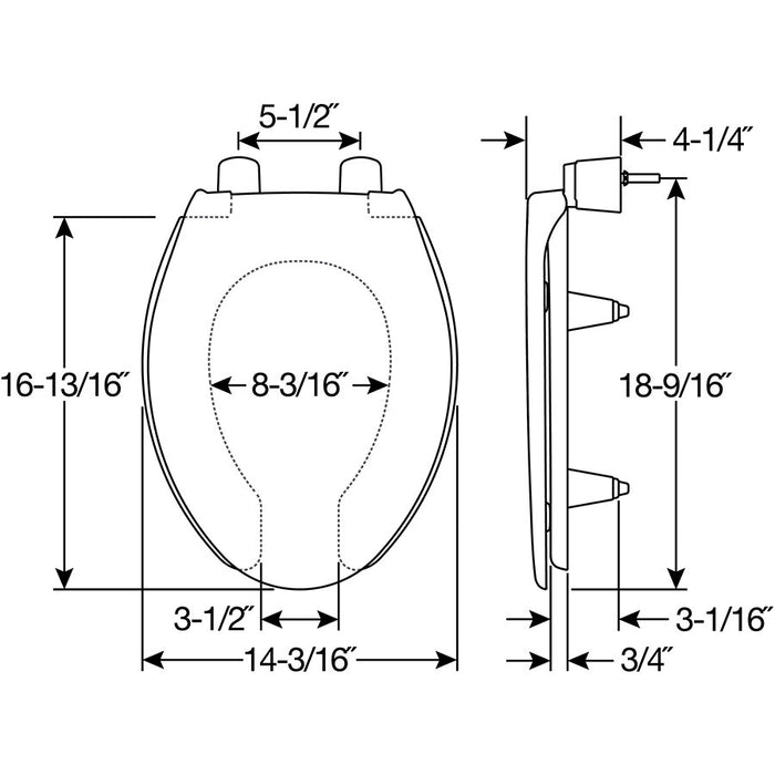 Bemis 3L2150T Elongated Open Front With Cover Medic-Aid® Plastic Toilet Seat in White Featuring Stay·Tite® Commercial Seat Fastening System™, DuraGuard®, Super·Grip® Bumpers and 3-inch Lifts - Dimensions