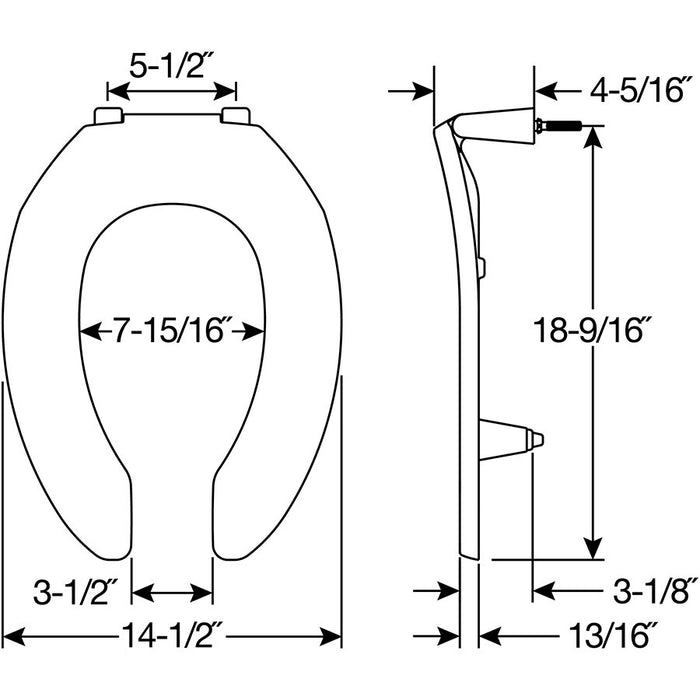 Bemis 3L2155T Elongated Open Front Less Cover Medic-Aid® 3" Lift Plastic Toilet Seat in White with Stay·Tite® Commercial Fastening System™, DuraGuard®, and Super·Grip® Bumpers - Dimensions
