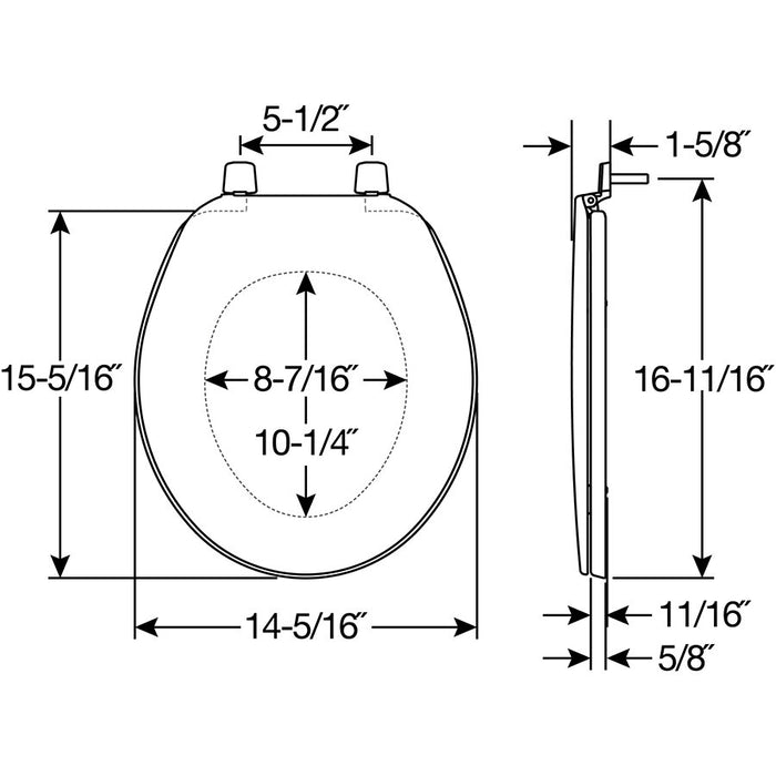 Bemis 70 Round Plastic Closed Front with Cover Toilet Seat with Top·Tite® Hinges - Dimensions