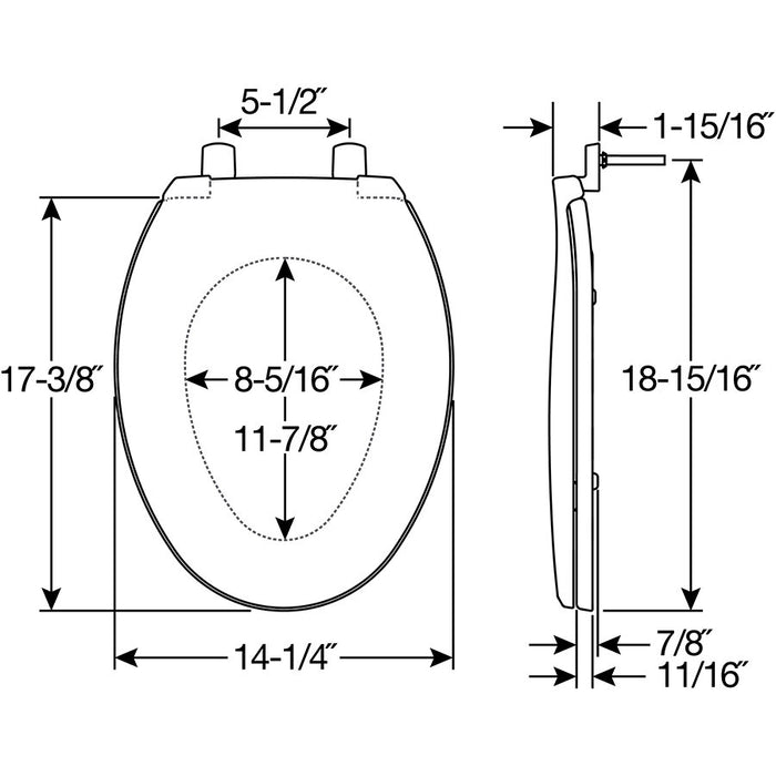 Bemis 7600T Elongated Hospitality Plastic Toilet Seat in White with Stay·Tite® Commercial Fastening System™ - Dimensions