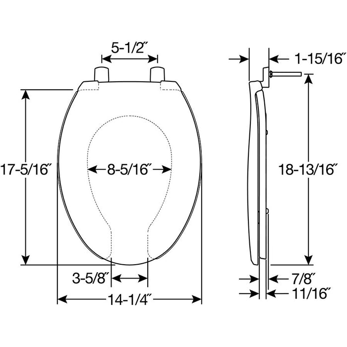 Bemis 7650TDG Elongated Open Front With Cover Hospitality Plastic Toilet Seat in White with Stay·Tite® Commercial Fastening System™ and DuraGuard® - Dimensions