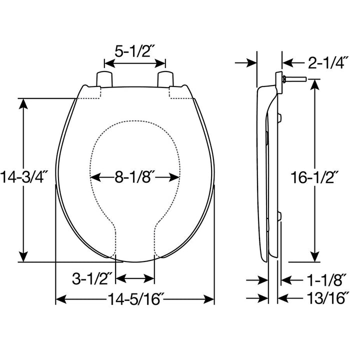 Bemis 7750TDG Round Open Front With Cover Hospitality Commercial Plastic Toilet Seat in White Stay·Tite® Commercial Fastening System™ and DuraGuard® - Dimensions