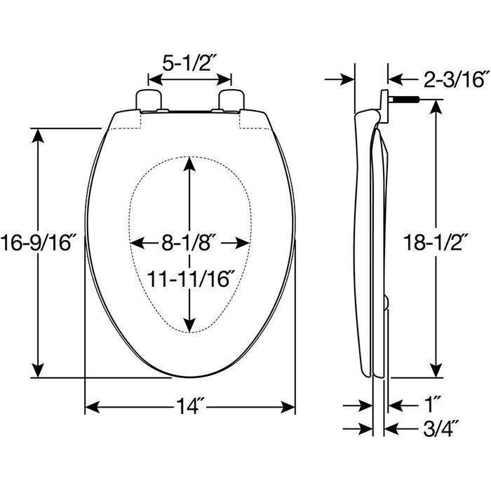 Bemis 7900TDGSL Elongated Hospitality Commercial Plastic Closed Front with Cover Toilet Seat in White Featuring Stay·Tite® Commercial Fastening System™, Whisper·Close®, Super·Grip® Bumpers, and DuraGuard® - Dimensions