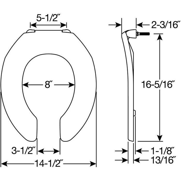 Bemis 955CT Round Open Front Less Cover Commercial Plastic Toilet Seat Featuring Stay·Tite® Commercial Fastening System™ Check Hinge - Dimensions