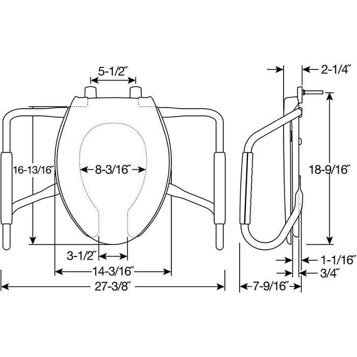 Bemis MA2150T Elongated Open Front Medic-Aid® Stainless Steel Safety Side Arms is a Plastic Toilet Seat in White Featuring Stay·Tite® Commercial Fastening System™ and DuraGuard® - Dimensions