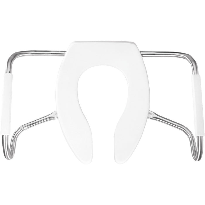 Bemis MA2155T Elongated Open Front Less Cover Medic-Aid® Stainless Steel Safety Side Arms is a Plastic Toilet Seat in White with Stay·Tite® Commercial Fastening System™ and DuraGuard® - White