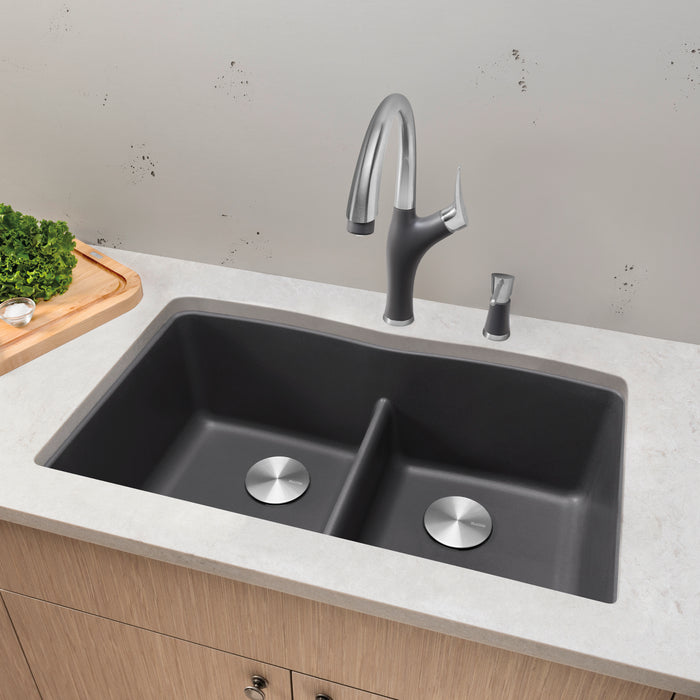 Cinder - BLANCO Diamond SILGRANIT 32" 50/50 Double Bowl Undermount Kitchen Sink with Low Divide