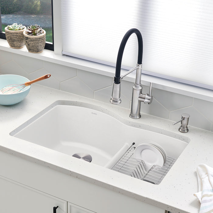 White - BLANCO Diamond SILGRANIT 32" 60/40 Double Bowl Undermount Kitchen Sink with Low Divide