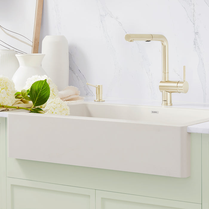 Satin Gold - BLANCO Linus Low Arc Pull-Out Dual-Spray Kitchen Faucet