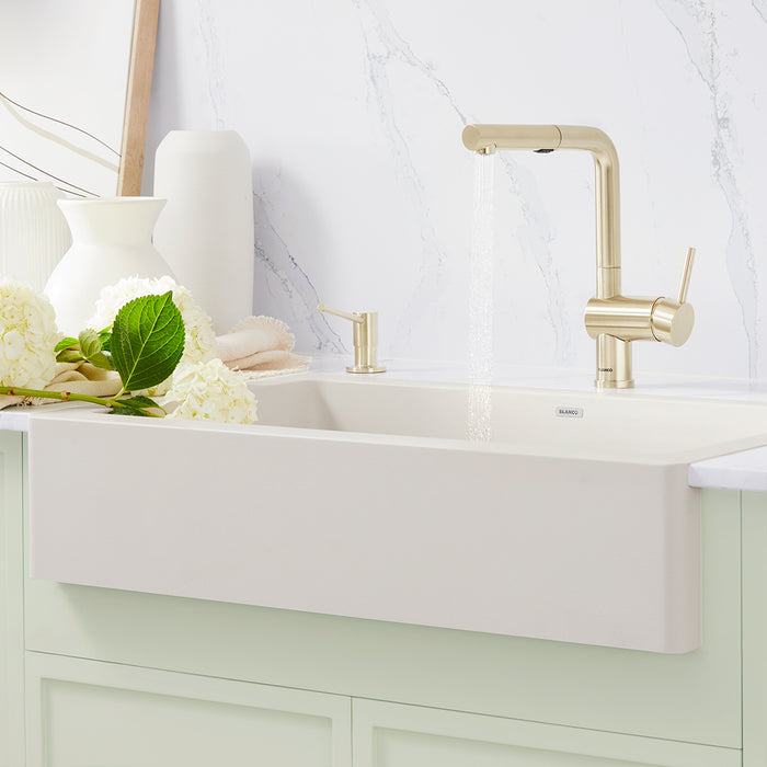 Satin Gold - BLANCO Linus Low Arc Pull-Out Dual-Spray Kitchen Faucet