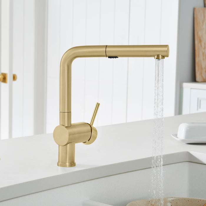 Satin Gold - BLANCO Linus Low Arc Pull-Out Dual-Spray Kitchen Faucet